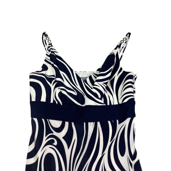 Ann Taylor Silk Midi Dress Fit Flare 4 Navy Blue White Swirl Pattern Sleeveless - Picture 2 of 11